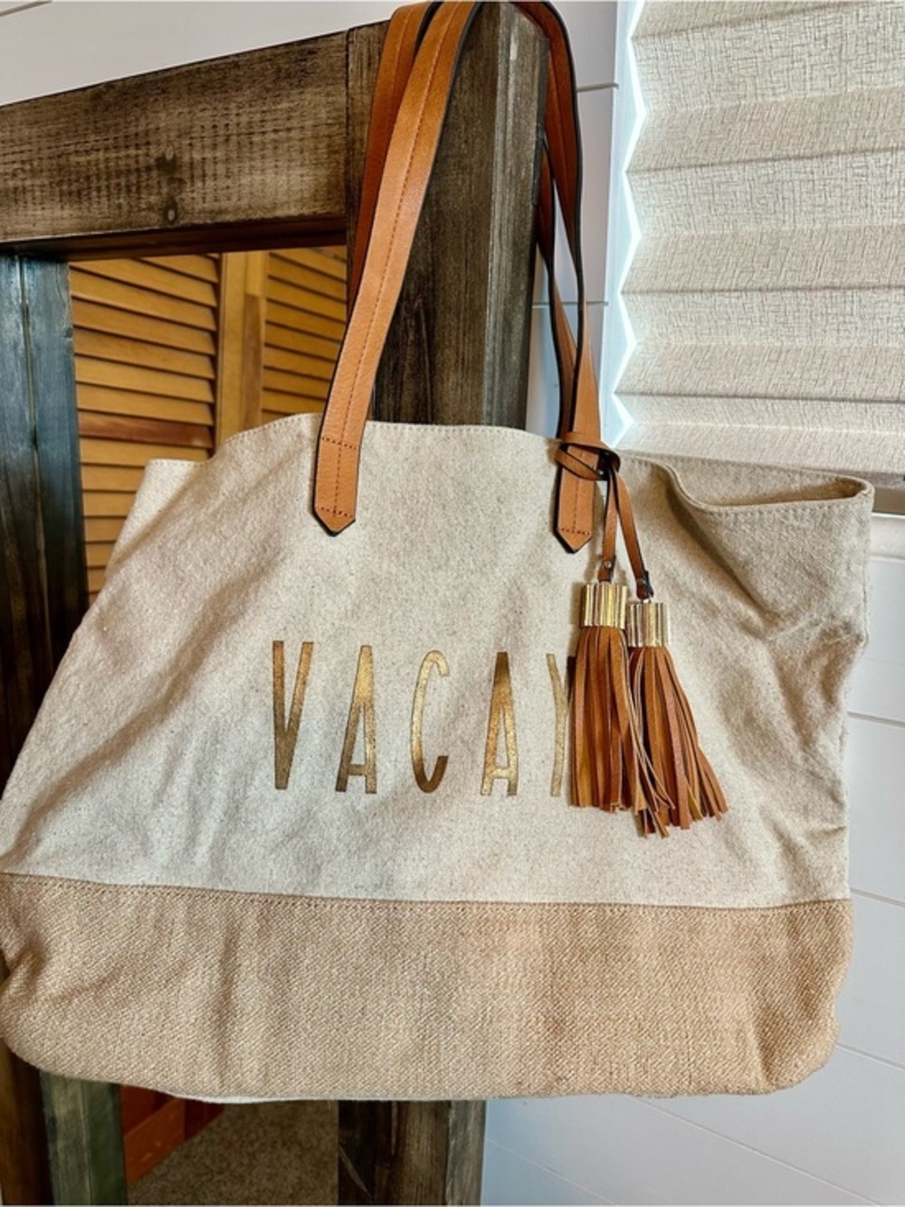Vacay Oversized Canvas Tote Bag Neutral Beach Weekender Tassel Bag travel bag